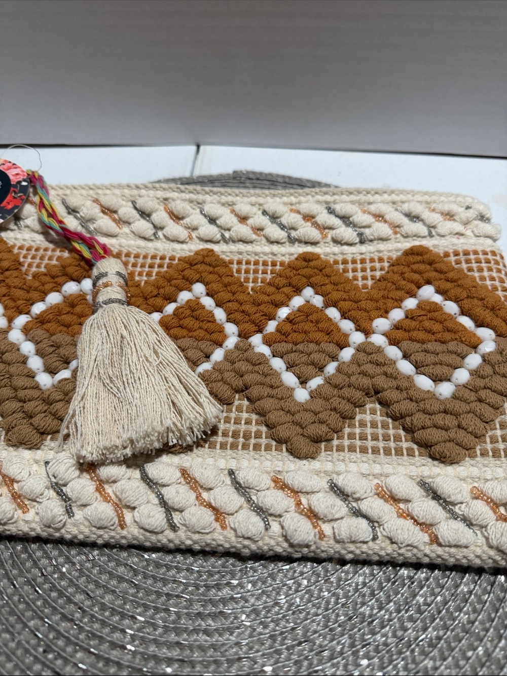 Boho Tassel Crochet Clutch in Cream & Brown